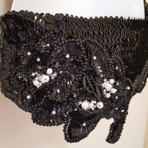 Onyx Black Sequin Bead Wedding Obi Belt Sash